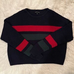 Navy Sweater with Red and Green Stripes